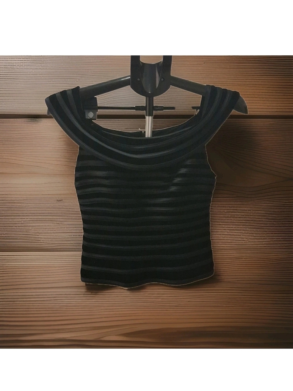 JS Collections Black Striped Off-Shoulder Crop Top with Structured Neckline